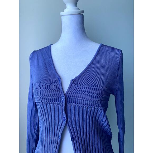 Blue Vintage Belldini Long Sleeve Button Down Stretch Cable Knit Cardigan - Picture 4 of 6